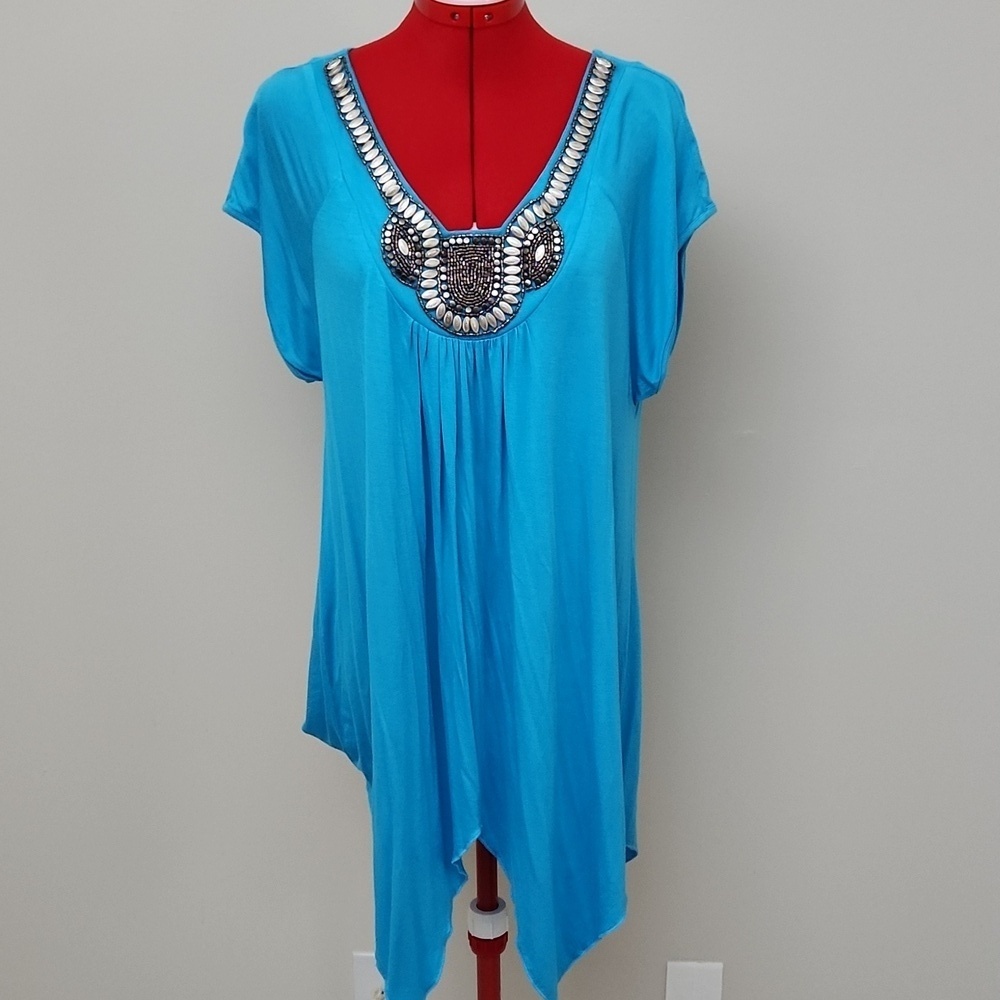 White Mark Couture Collection beaded blue tunic stretch top blouse